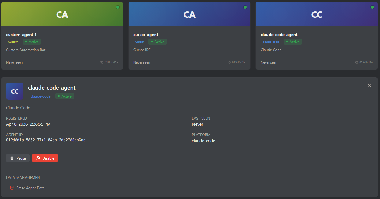 Pylae agents. Connected agents with session tracking, action counts, and status