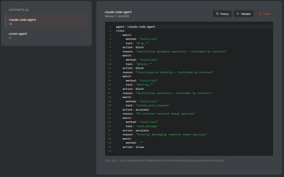 Pylae contracts. Agent behavioral contracts with YAML editor and version diff