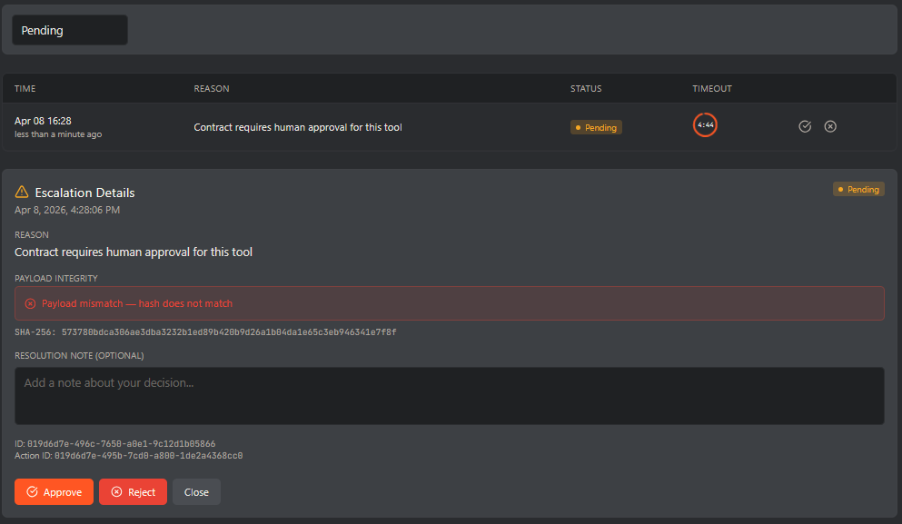 Pylae escalations. Pending human approvals with context, timeout, and approve/reject