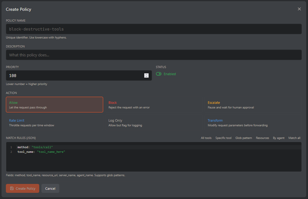 Pylae policies. YAML rules with glob matching, version history, and simulation